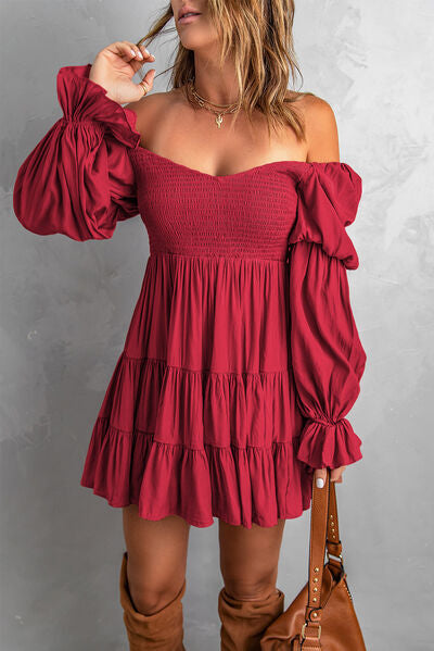 TEEK - Smocked Off-Shoulder Tiered Mini Dress DRESS TEEK Trend Red S 