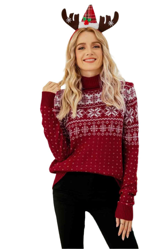 TEEK - Christmas Snowflake Fair Isle Turtleneck Sweater SWEATER TEEK Trend Red S 