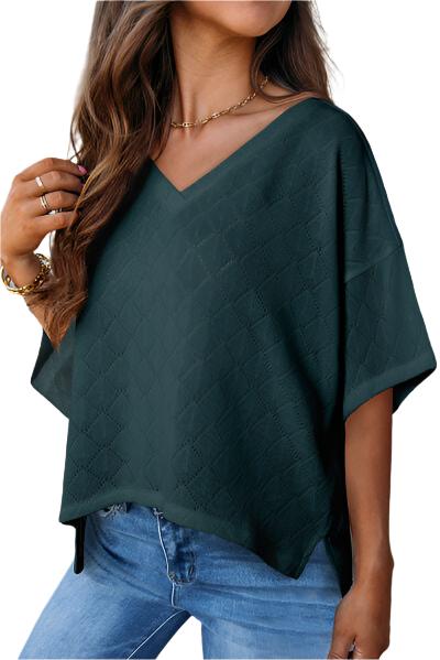 TEEK - Eyelet V-Neck Split Hem Top TOPS TEEK Trend Green S 