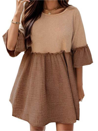 TEEK - Camel Frill Half Sleeve Dress DRESS TEEK Trend S  