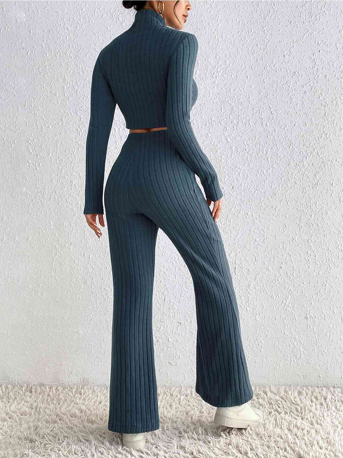 TEEK - Ribbed Mock Neck Cropped Sweater & High Waist Pants Set SET TEEK Trend   