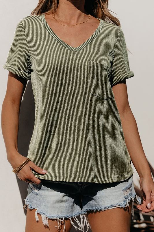 TEEK - Sage Striped V-Neck Short Sleeve T-Shirt TOPS TEEK Trend S  
