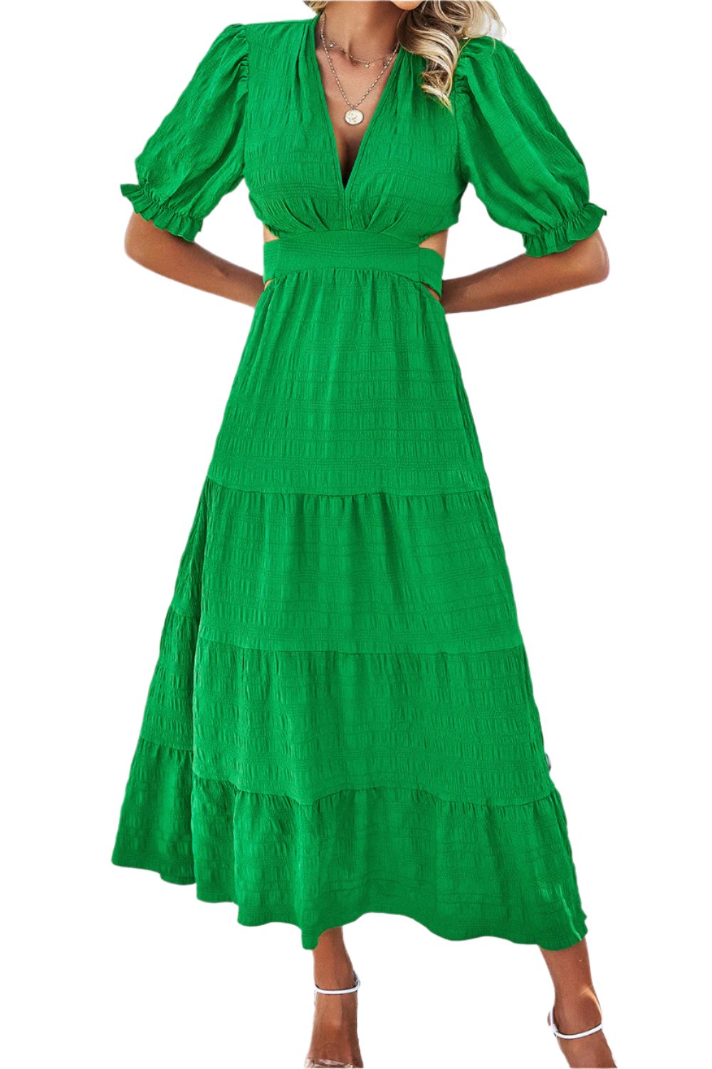 TEEK - Tie Back Short Sleeve Tiered Dress DRESS TEEK Trend Mid Green S 