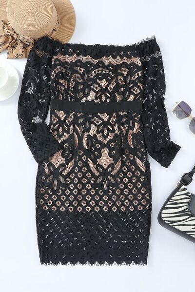 TEEK - Black Off-Shoulder Long Sleeve Lace Dress DRESS TEEK Trend   