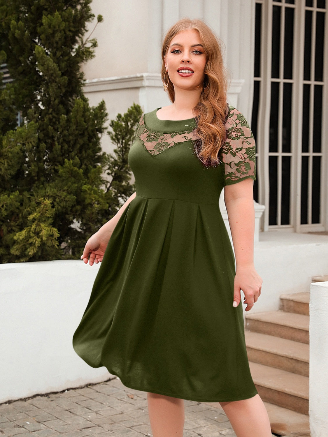 TEEK - Plus Size Ruched Lace Chest Short Sleeve Dress DRESS TEEK Trend Army Green 1XL 