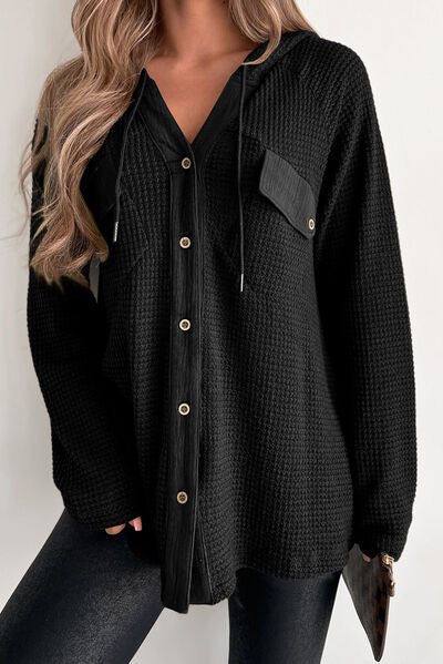 TEEK - Waffle-Knit Button Up Drawstring Hoodie TOPS TEEK Trend Black S 