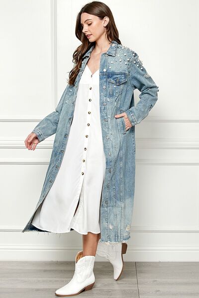 TEEK - Med-Wash Blue Distressed Raw Hem Pearl Button Up Jacket COAT TEEK Trend   