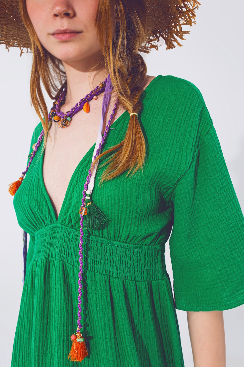 TEEK - Green Textured V-Neck Maxi Dress DRESS theteekdotcom   