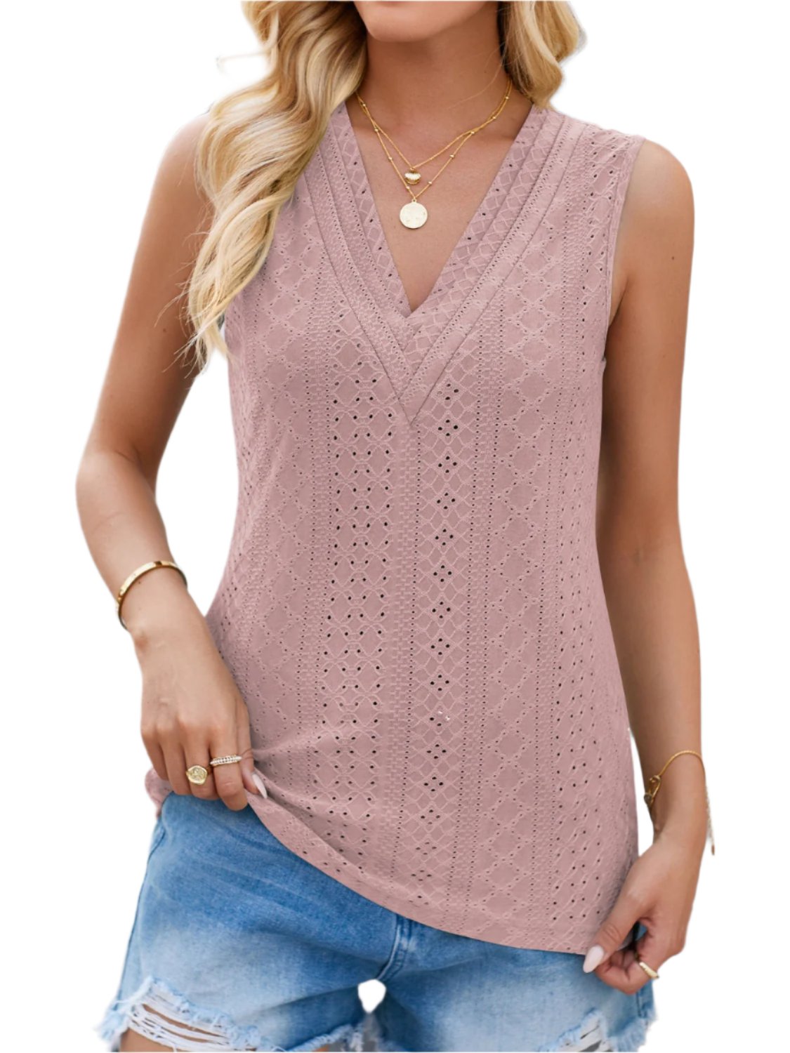 TEEK - Eyelet V-Neck Tank TOPS TEEK Trend Light Mauve S 