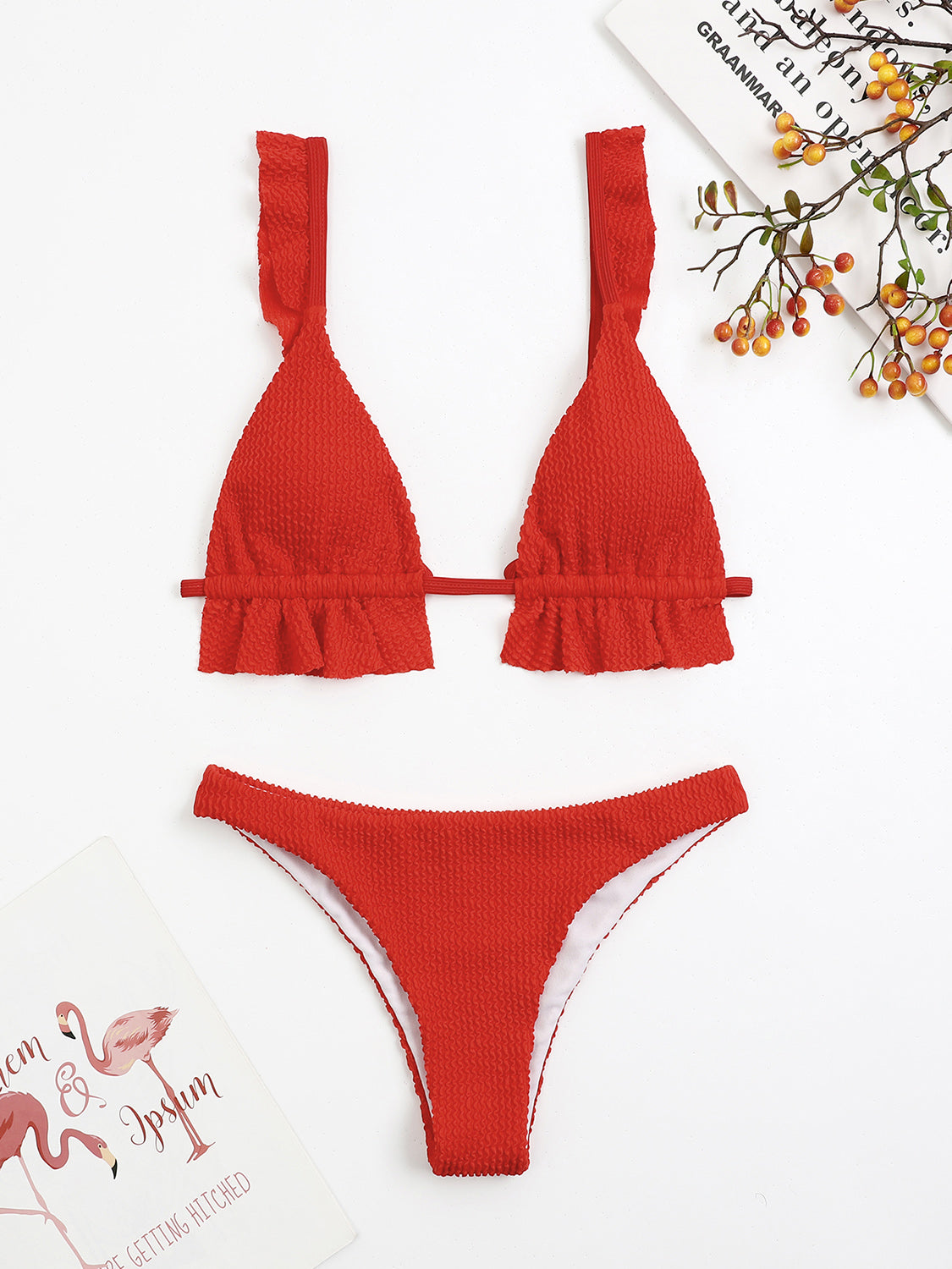 TEEK - Ruffled Textured Wide Strap Two-Piece Bikini Set SWIMWEAR TEEK Trend Deep Red S 