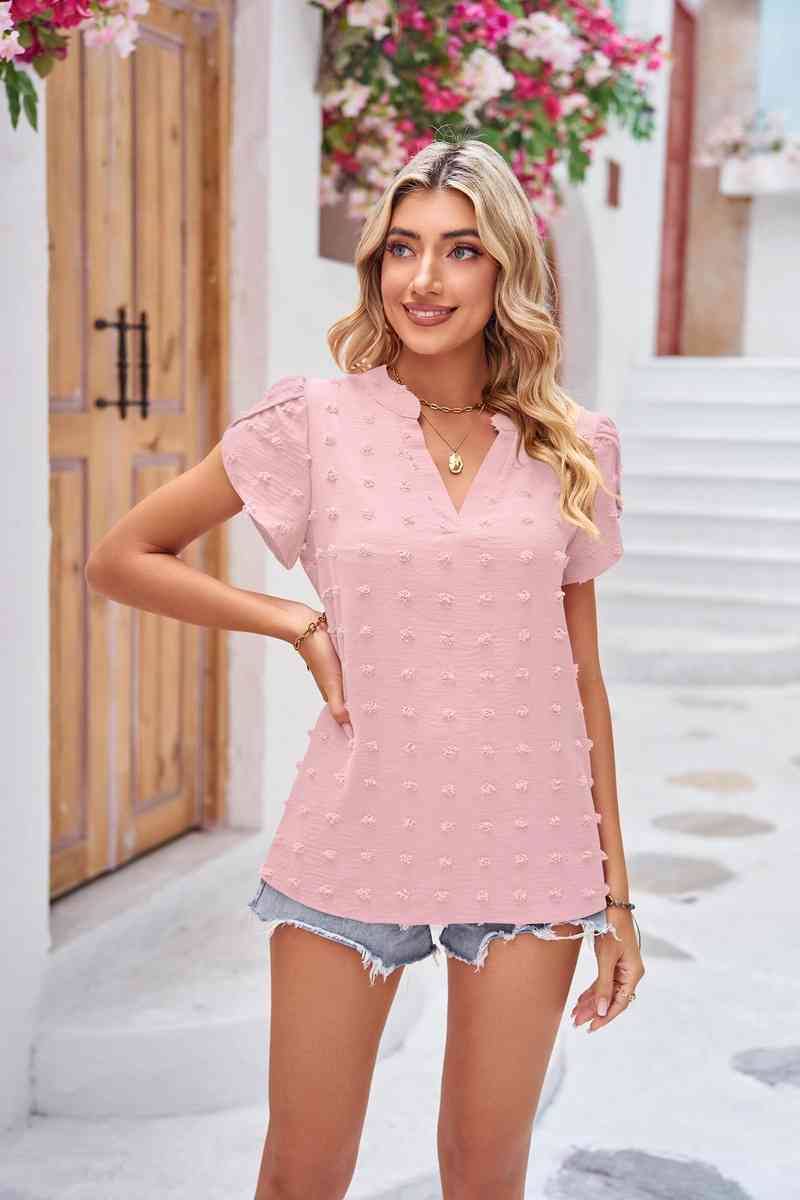 TEEK - Swiss Dot Petal Sleeve Notched Top DRESS TEEK Trend Blush Pink S 
