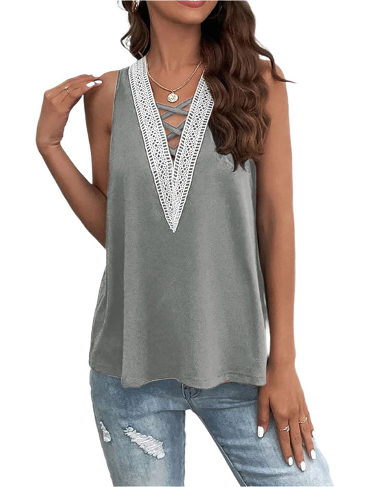 TEEK - Crisscross V-Neck Tank TOPS TEEK Trend Heather Gray S 