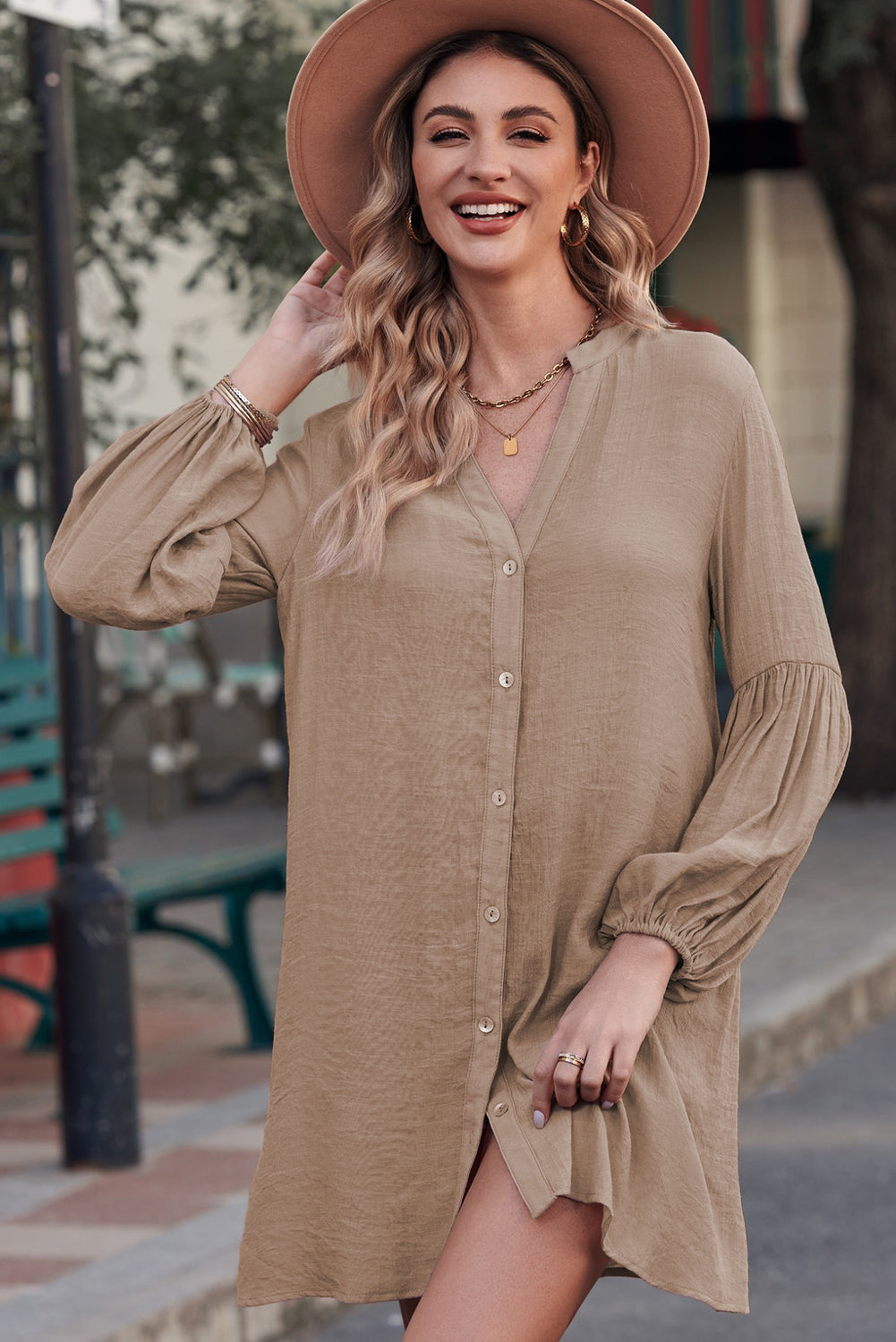 TEEK - Notched Button Up Balloon Sleeve Top TOPS TEEK Trend   