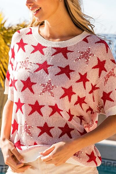 TEEK - Red Star Pattern Short Sleeve Knit Top TOPS TEEK Trend   