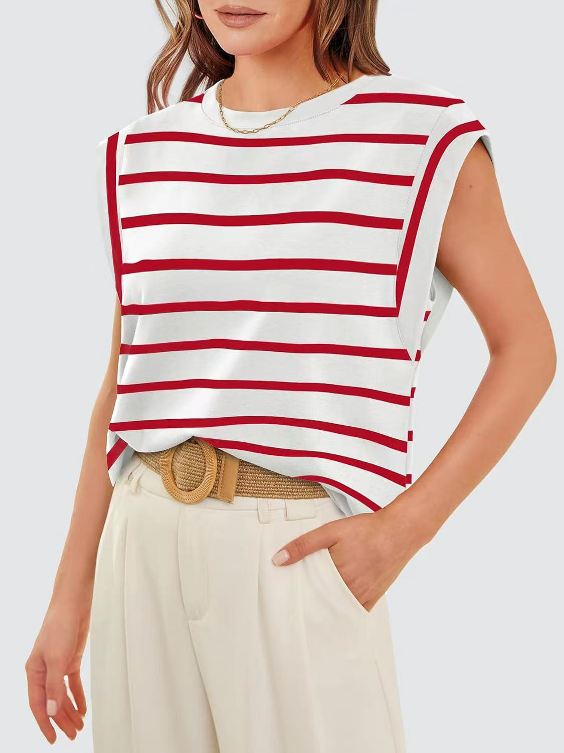 TEEK - Striped Round Neck Cap Sleeve Top TOPS TEEK Trend   