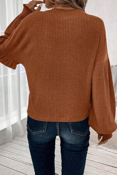 TEEK - Chestnut Round Neck Lantern Sleeve T-Shirt TOPS TEEK Trend   