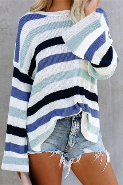 TEEK - Striped Slit Dropped Shoulder Sweater TOPS TEEK Trend Misty  Blue S 