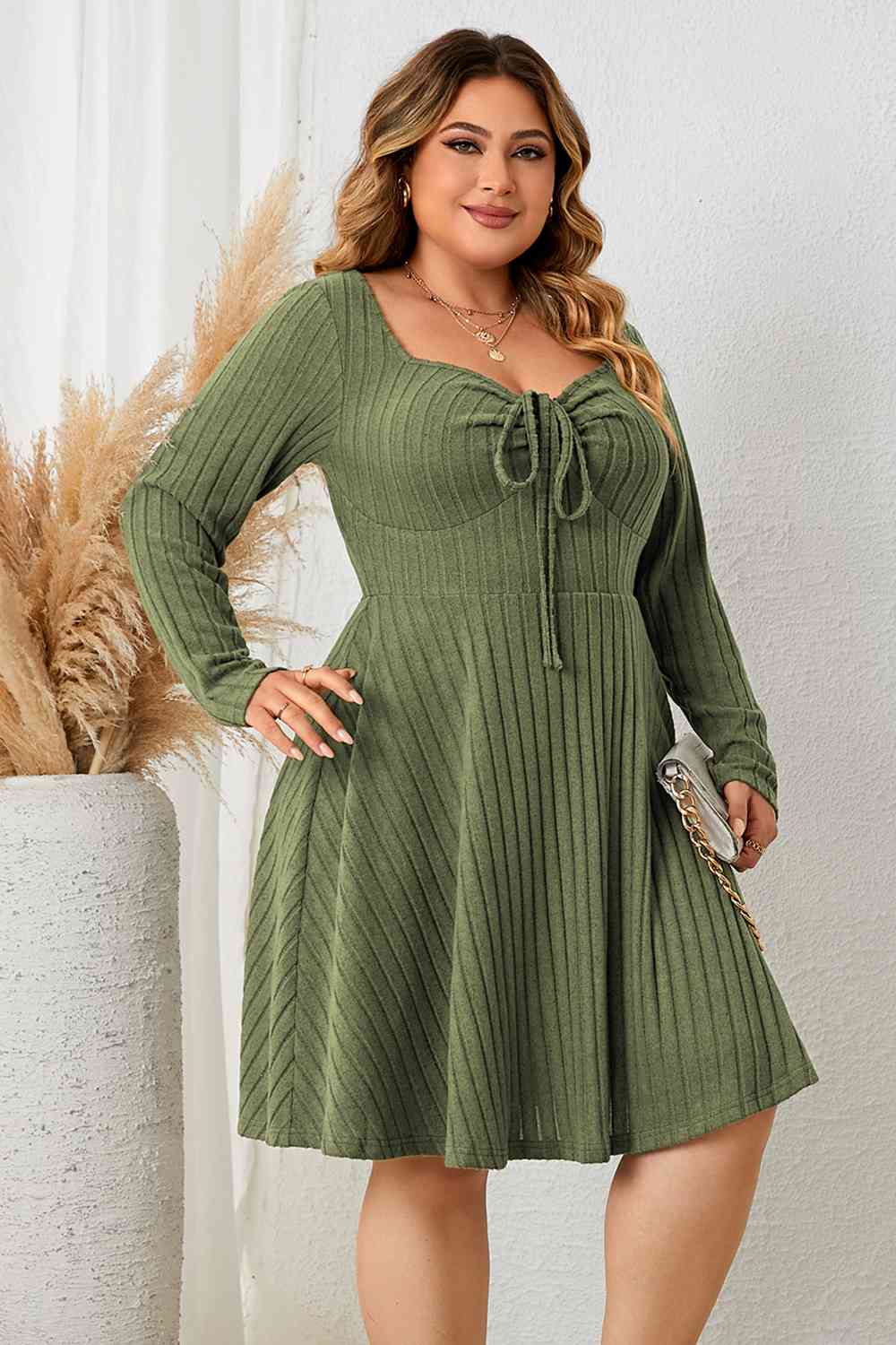 TEEK - Plus Size Matcha Green Sweetheart Neck Long Sleeve Ribbed Dress DRESS TEEK Trend   