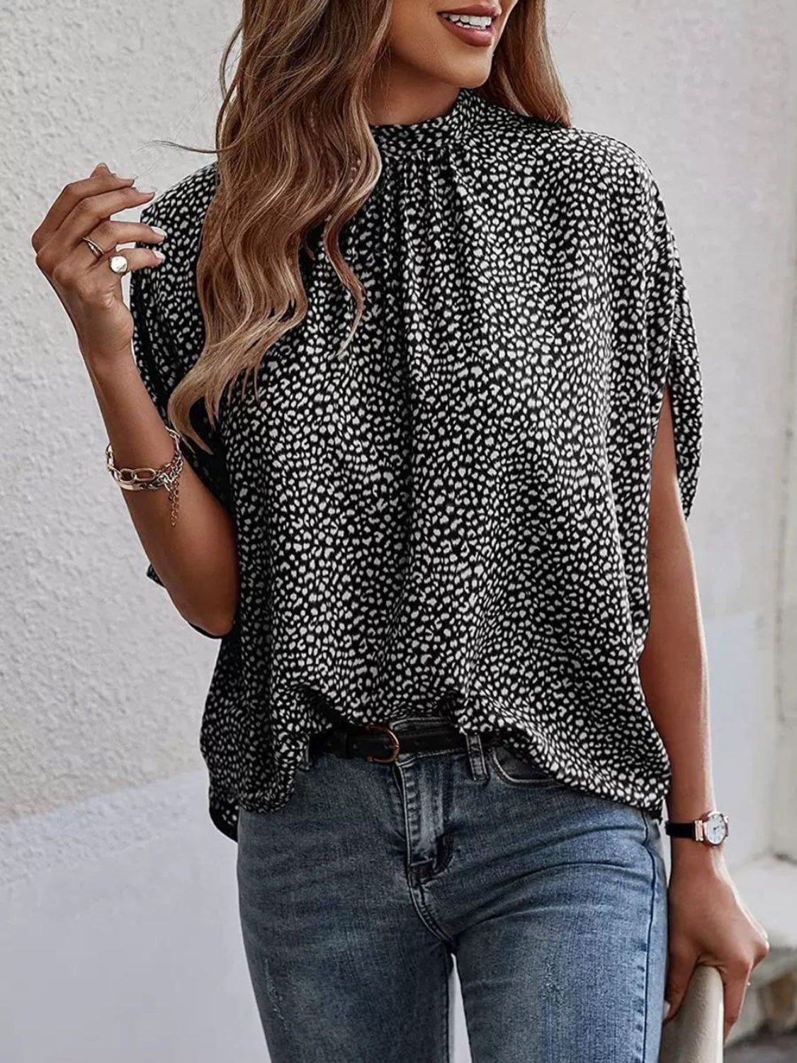 TEEK - Tied Printed Mock Neck Half Sleeve Blouse TOPS TEEK Trend Black S 