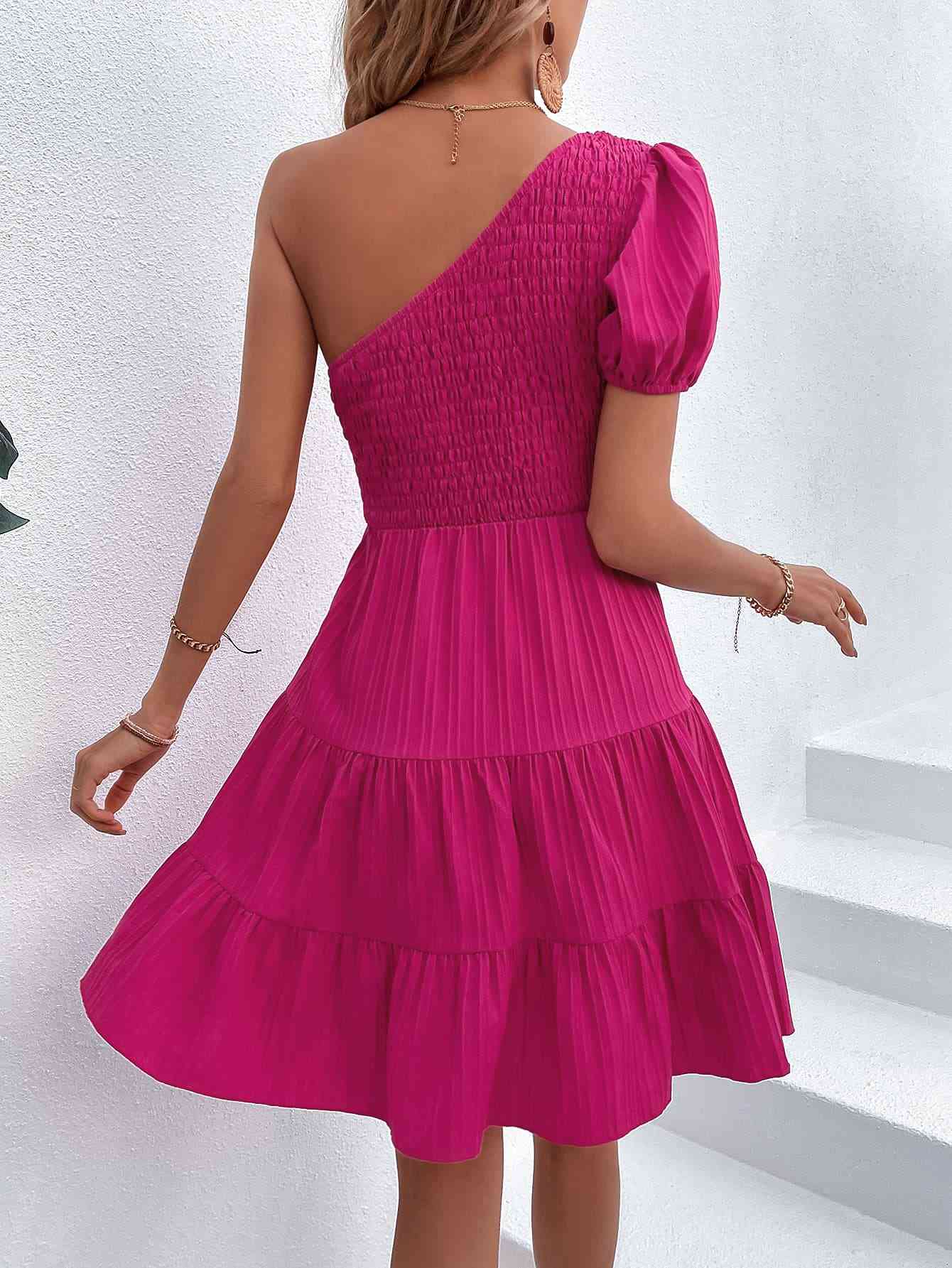 TEEK - Deep Rose One-Shoulder Smocked Tiered Dress DRESS TEEK Trend   