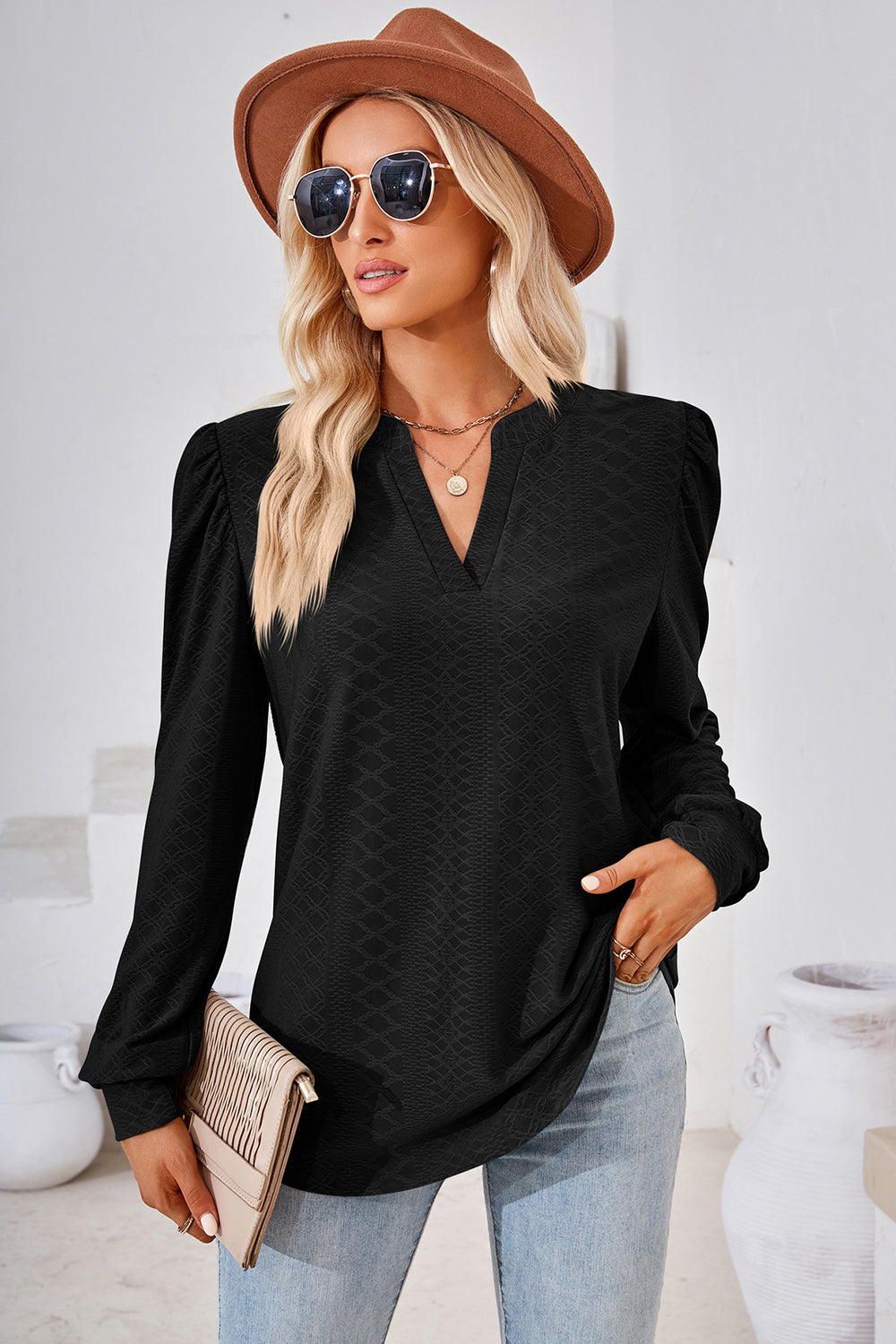 TEEK - Notched Long Sleeve Top TOPS TEEK Trend Black S 