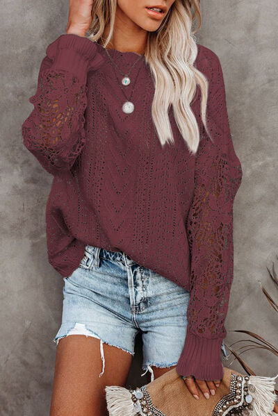 TEEK - Lace Lantern Sleeve Dropped Shoulder Sweater SWEATER TEEK Trend Wine S 