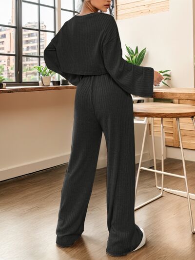 TEEK - Ribbed Crop Top and Drawstring Pants Set SET TEEK Trend Black XS 