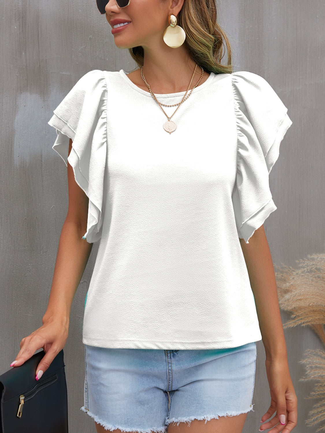 TEEK - Round Neck Ruffle Flounce Sleeve Blouse TOPS TEEK Trend White S 