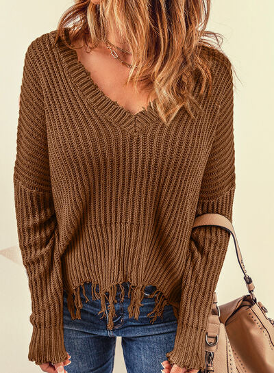 TEEK - Fringe V-Neck Chestnut Sweater SWEATER TEEK Trend S  
