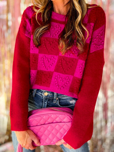 TEEK - Plaid Heart Round Neck Sweater SWEATER TEEK Trend S  