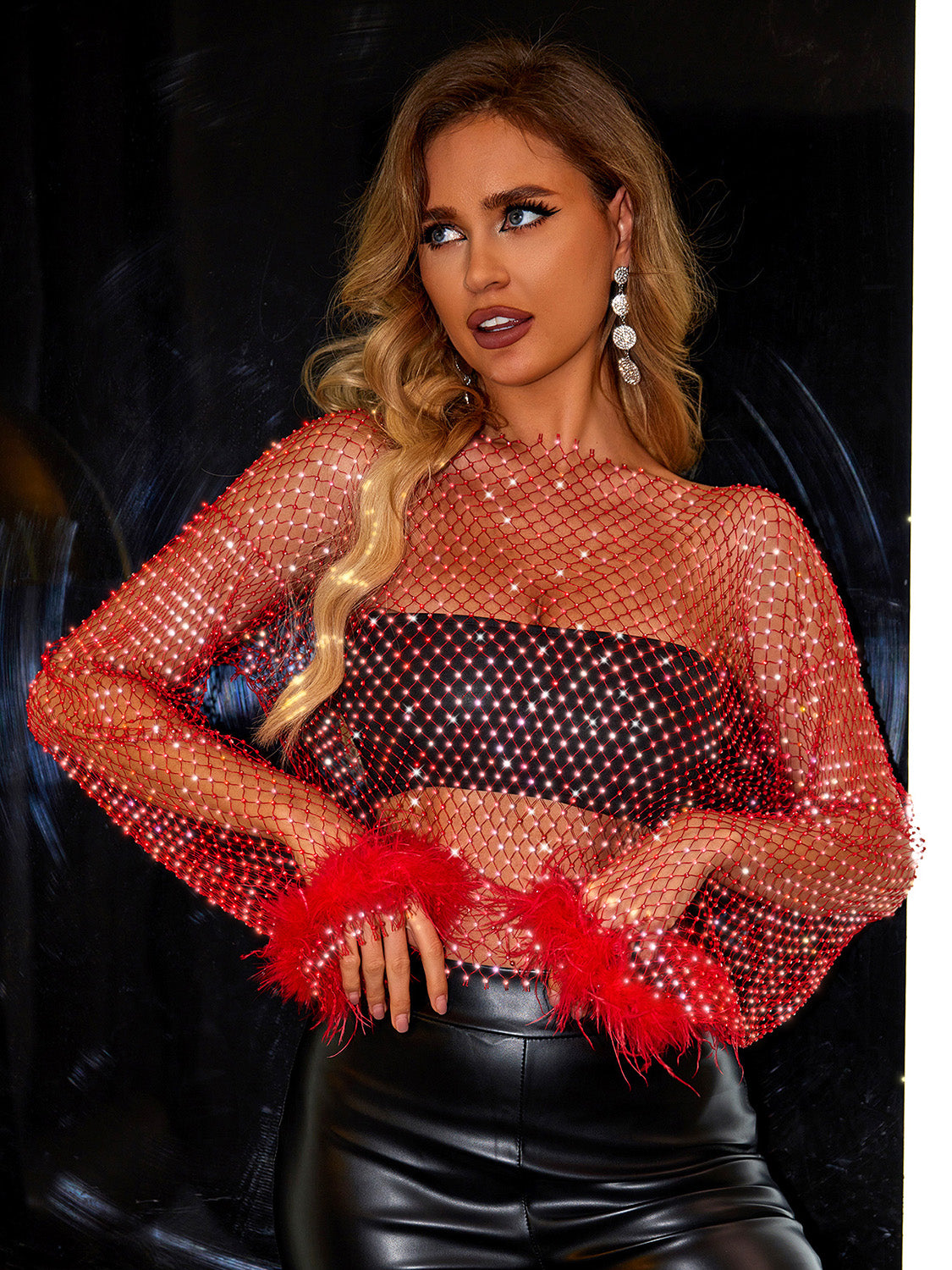 TEEK - Red Rhinestone Net Long Sleeve Top TOPS TEEK Trend XS  