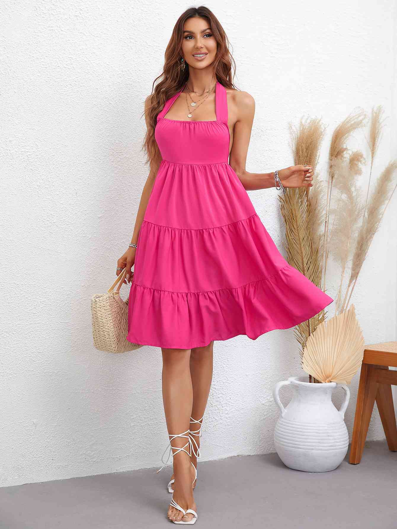TEEK - Hot Pink Halter Neck Tiered Dress DRESS TEEK Trend   
