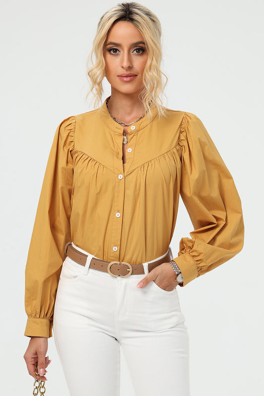 TEEK - Mustard Ruched Button Up Long Sleeve Shirt TOPS TEEK Trend M  