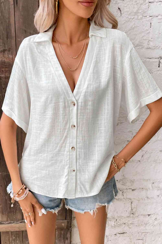TEEK - White Button Front Johnny Collared Blouse TOPS TEEK Trend S  