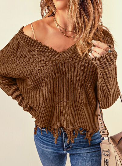 TEEK - Fringe V-Neck Chestnut Sweater SWEATER TEEK Trend   