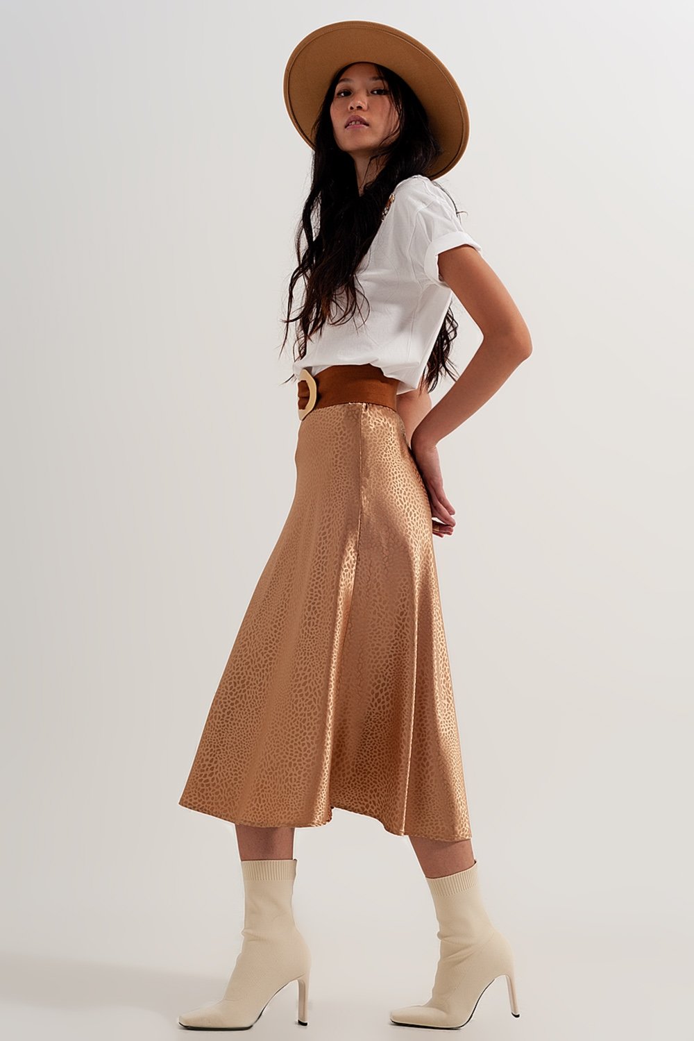 TEEK - Gold Color Midi Skirt in Abstract Animal Print SKIRT TEEK M   