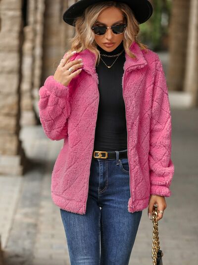 TEEK - Fuzzy Pocketed Zip Up Jacket JACKET TEEK Trend Fuchsia Pink S 