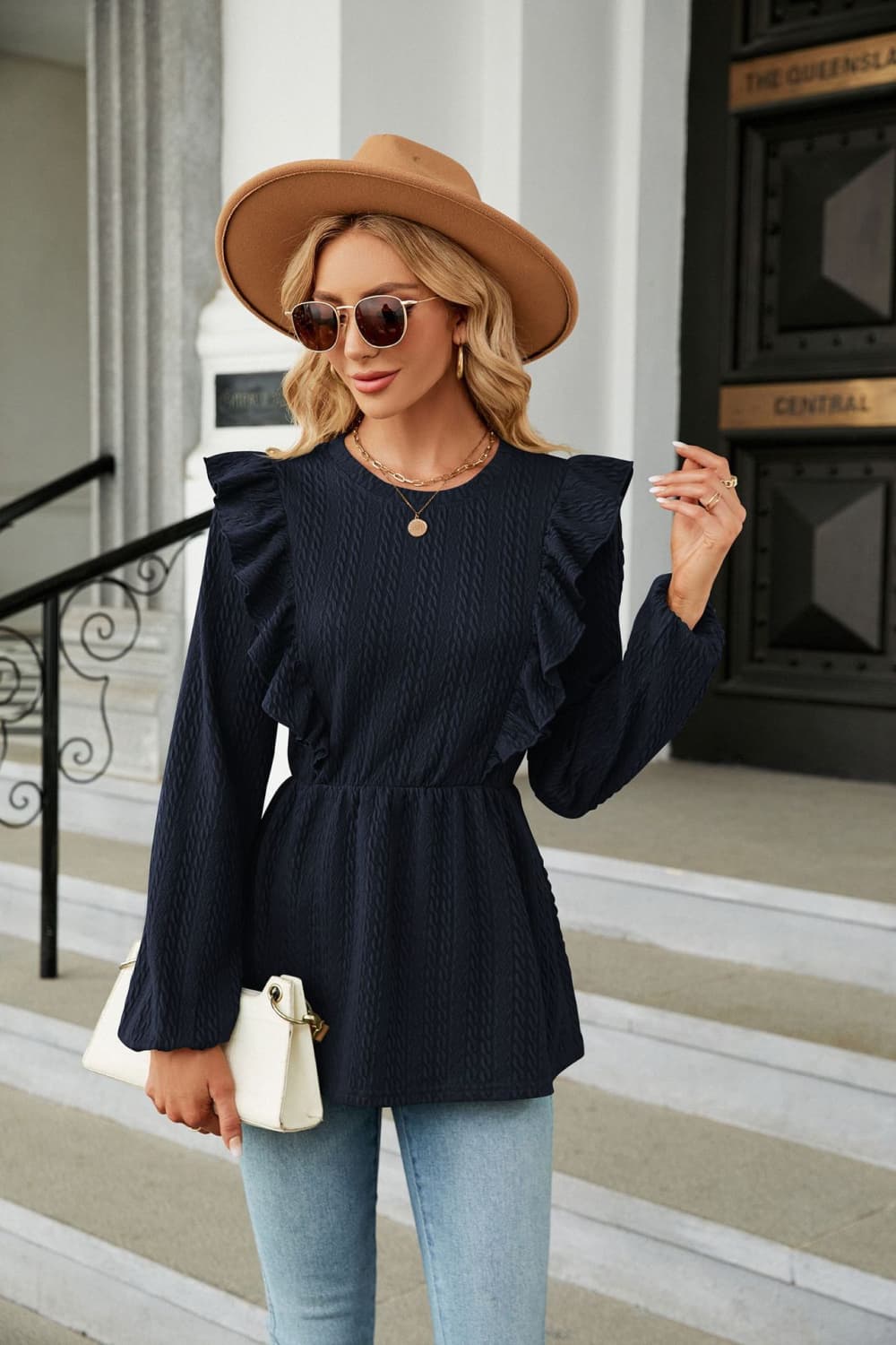 TEEK - Round Neck Ruffled Peplum Blouse TOPS TEEK Trend Navy S 