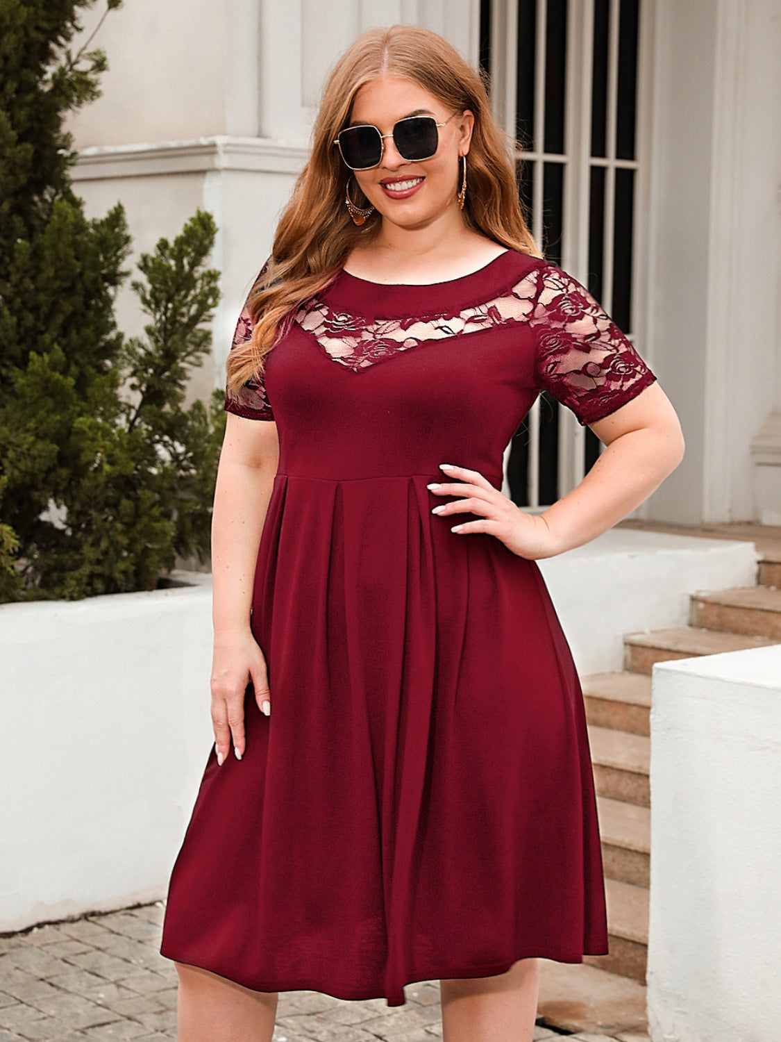 TEEK - Plus Size Ruched Lace Chest Short Sleeve Dress DRESS TEEK Trend   