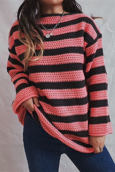 TEEK - Striped Dropped Shoulder Sweater SWEATER TEEK Trend Fuchsia Pink One Size 