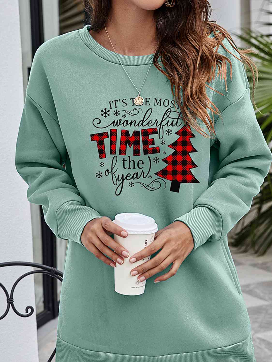 TEEK - Christmas Tree Time Drop Shoulder Sweatshirt TOPS TEEK Trend Sage S 