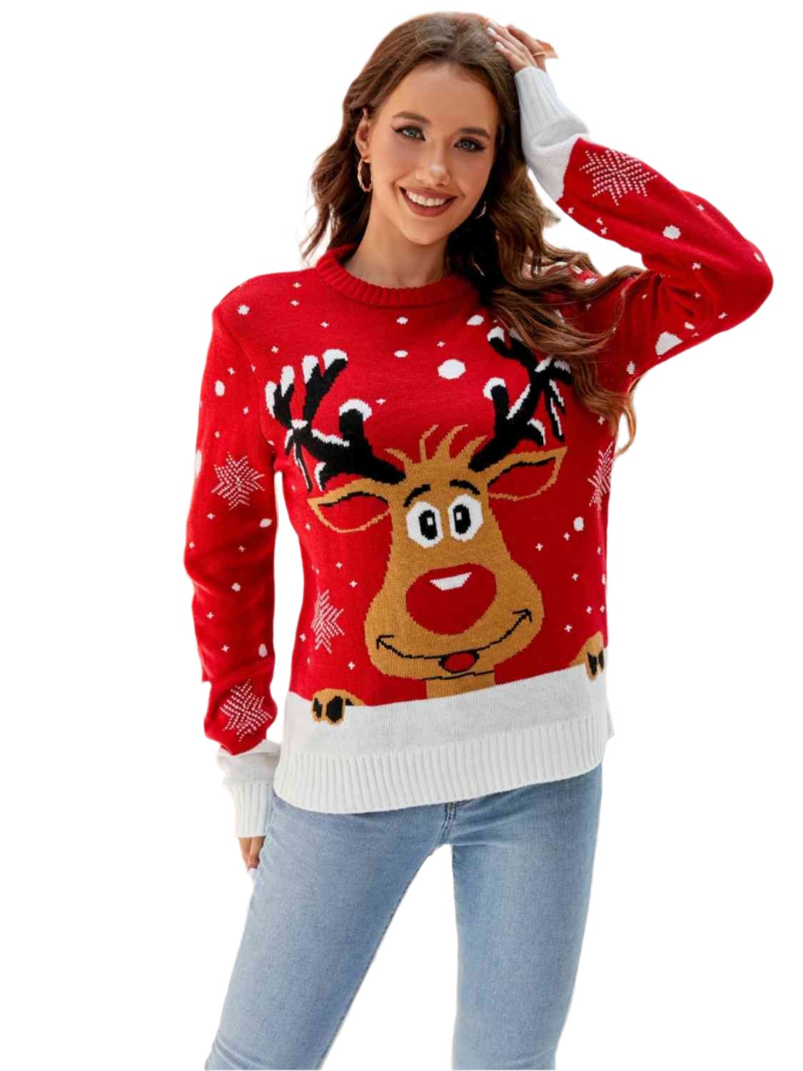 TEEK - Reindeer Round Neck Sweater SWEATER TEEK Trend Red Orange S 