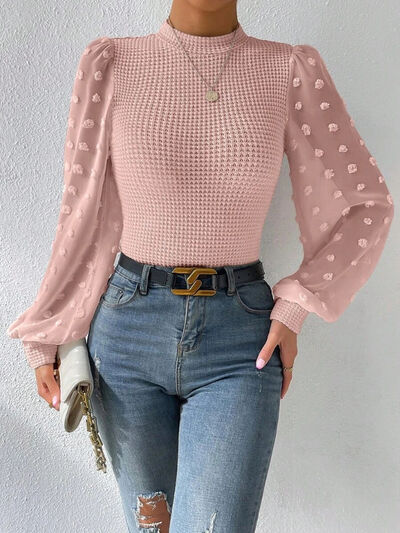 TEEK - Swiss Dot Waffle-Knit Lantern Sleeve Top TOPS TEEK Trend Blush Pink S 