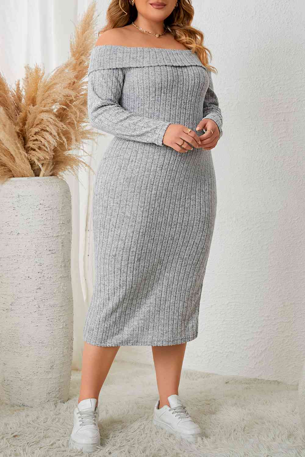 TEEK - Heather Grey Plus Size Long Sleeve Slit Dress DRESS TEEK Trend   
