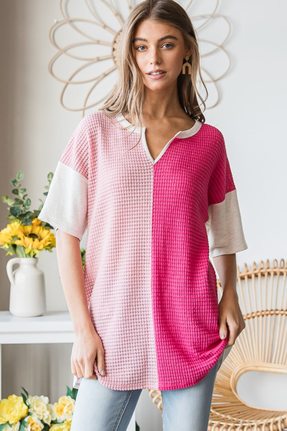 TEEK - Fuchsia Contrast Waffle-Knit Half Sleeve Blouse TOPS TEEK Trend   