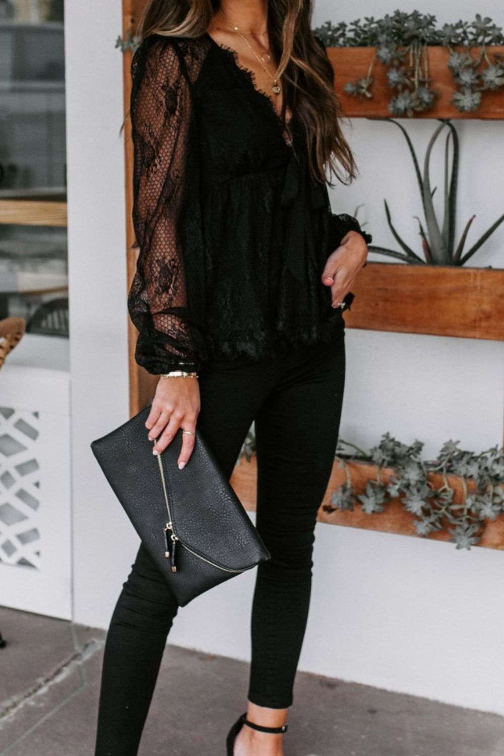 TEEK - Lace Plunge Long Sleeve Blouse TOPS TEEK Trend   