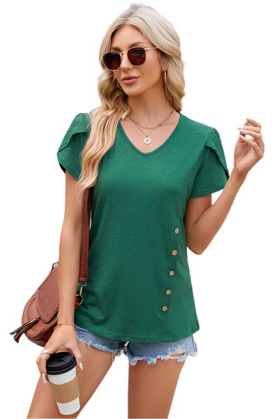 TEEK - Button Down Detail Short Sleeve T-Shirt TOPS TEEK Trend Mid Green S 