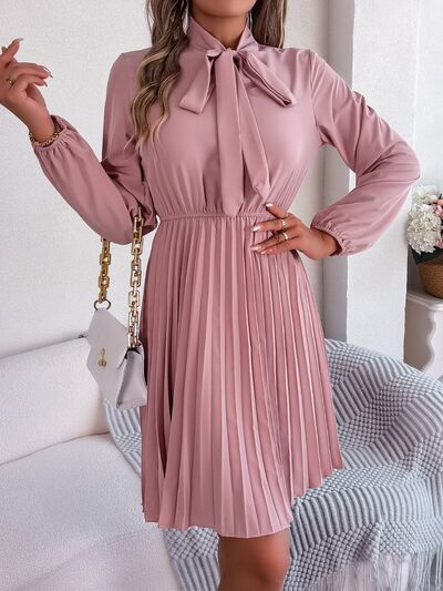 TEEK - Tie Neck Balloon Sleeve Pleated Dress DRESS TEEK Trend Dusty Pink S 