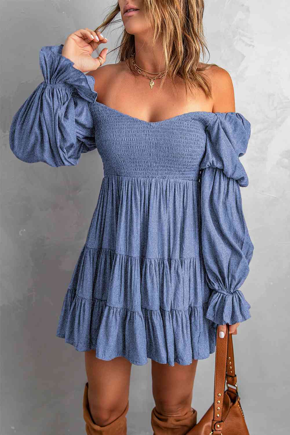 TEEK - Smocked Off-Shoulder Tiered Mini Dress DRESS TEEK Trend Blue S 