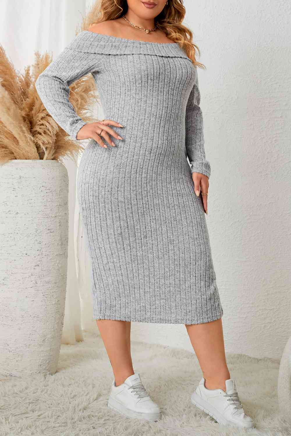 TEEK - Heather Grey Plus Size Long Sleeve Slit Dress DRESS TEEK Trend   